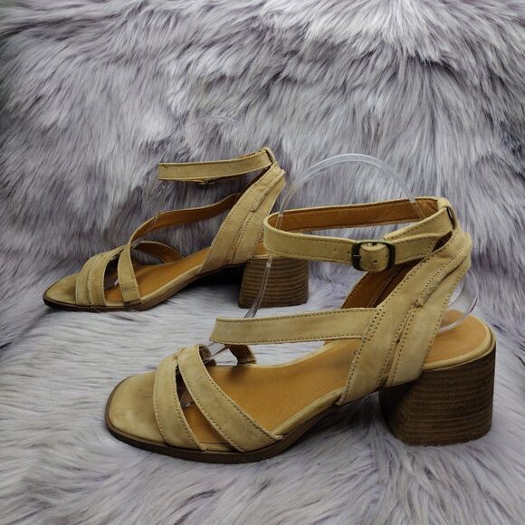Lucky Brand Womens Junnah Leather Block Heel Sandals Size 9 Brown Ankle Strap - Picture 1 of 9